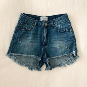 High Waisted Denim Shorts with Frayed Trim